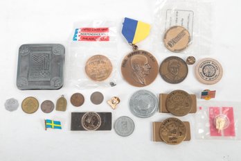 Grouping Of Miscellaneous Medals, Pinbacks, Souvenirs, Money Clips, Etc.