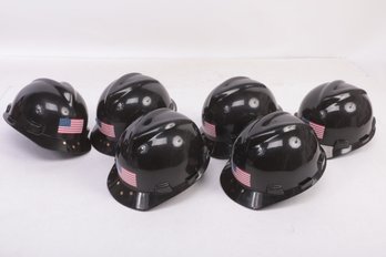 6 New MSA Black Hard Hats W/Flags