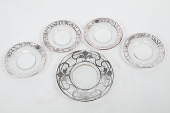 5 Antique Sterling Overlay, Clear Glass Saucers/Dishes
