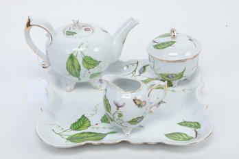 Vintage Godinger Porcelain Butterfly/Dragonfly Motif Tea Set: Tray, Tea-pot, Creamer & Sugar Bowls