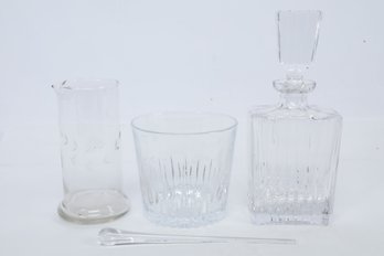 Antique Crystal Decanter, Etched Martini Pitcher W/Glass Stirring Stick & Etched Crystal Ice Bucket