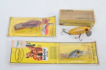 3 Vintage New Old Stock Fred Arbogast Fishing Lures: Jitterbug, Mud Bug & Bug Eye