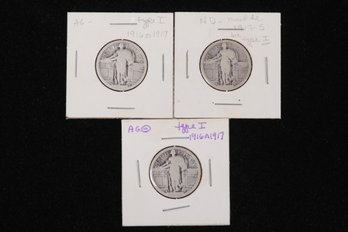 3 Standing Liberty Quarters - (1916 Or 1917), No Date 'S' Must Be 1917-S Because Type I, (1916 Or 17 Type I)