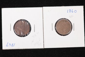 2 Indian Head Cents 1860 And 1867 Labeled VF And AG - Pitted N22 Respectively