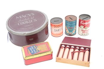 Grouping Of VTG Advertising Tins W/3 Promotional Savings Bank Cans: Campbells Soup, Dodge Dart, Etc.