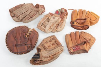 6 Vintage Baseball Gloves- Hank Aaron- Goose Gossage- Smokey Burgess- Roberto Clemente- Keyston- Playrite