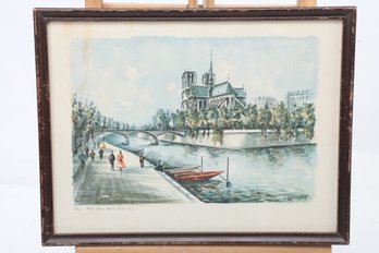 Vintage/Antique Framed Watercolor Of Notre Dame Paris, Signed Ducollet