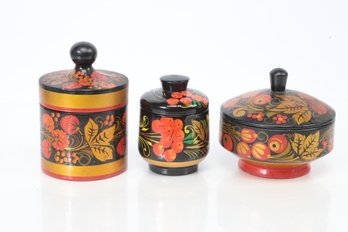 3 Pc. Vintage Lot HAND-PAINTED LACQUER LIDDED RUSSIAN TRINKET BOXES