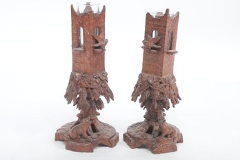 Pair Of Rare Exceptional Antique Black Forest Carved  Wood Vases