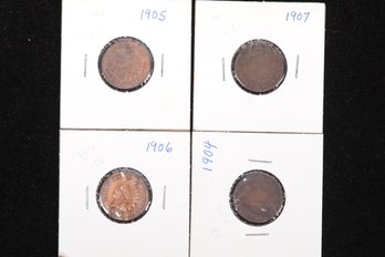 4 Indian Head Cents - 1904,1905,1906, 1907  Labeled VF,AU,VF?,VF Respectively