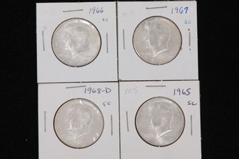 4 Kennedy Half Dollars - 1965, 1966, 1967, 1968-D - Labeled MS, MS, MS, No Notation Respectively