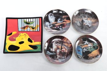 Set Of Vintage Porcelain Cat Themed Decorative Plates & Naylor Designs Hand Painted Abstract Cat/Birdcage