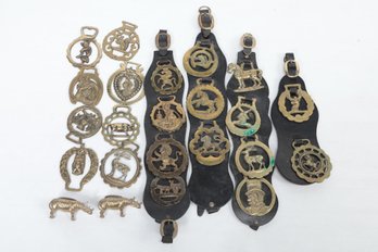 Grouping Of Vintage & Antique Brass Horse Medallions W/Some On Leather Straps