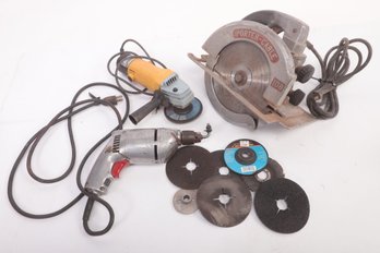 Vintage Porter Cable Circular Saw, Rockwell Model 386 Drill & An Angle Grinder (all Corded)