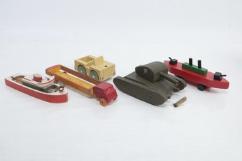 Grouping Of Vintage Wooden Toys: Tanks, Ships, Trucks