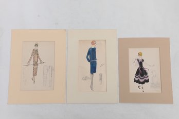 Three Antique Art Deco Original Fashion Watercolors