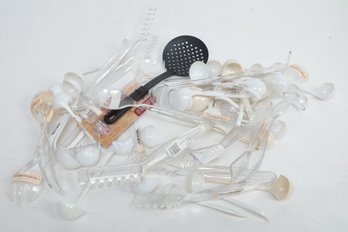 Assortment Of New Plastic Serving Items, Ladles, Tongs, Salad Forks, Etc