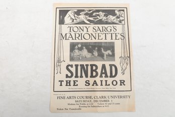 Tony Sarg Marionettes Illustrated Theater  BROASDSIDE For Clark University Performance