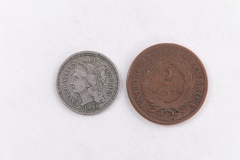 1865 2 Cent Together With 1881 3 Cent US Coins