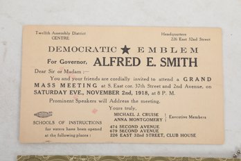 Politics: 1918 Alfred E. Smith Postcard & 1980 DNC Passes TAMMANY HALL DEMOCRATIC EMBLEM