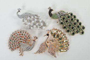 4pc.  MAGNIFICENT VINTAGE PEACOCK BROOCHES PINS Crystal Rhinestones