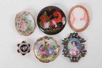 6pc.  Antique PORTRAIT BROOCHES Including LIMOGES