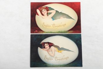 2 Vintage Postcards Young Ladies Out Of Easter Eggs, Printed In Germay