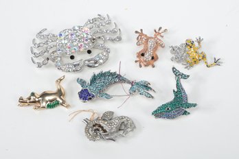 7pc.  VINTAGE WATER LIFE PINS BROOCHES Crystal Rhinestones HUGE CRAB