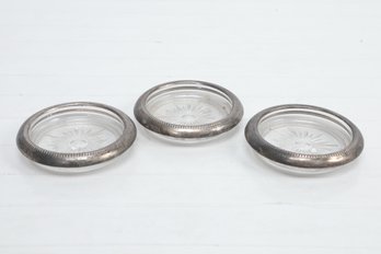 3 Vintage Italian Leonard Silver Plate And Crystal Coasters