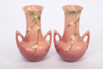 Pair Of Vintage Roseville Pottery Handled Vases Snowberry Pink 1V2-7