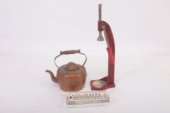 Grouping Of Misc. Vintage Household Items: Wine Corker, Copper Tea Pot, Wall Mount Small Thermometer