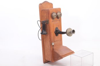 Antique Wall Hanging Phone In Oak Case