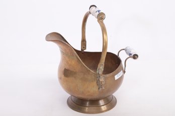 Vintage Brass Coal Scuttle Bucket With Delft Handles And Lion Head Accents