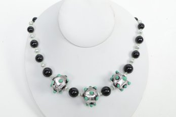 Vintage Italian Silver Foil Lampwork Bead Necklace With Toggle Clasp