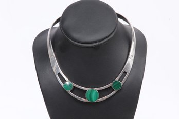 Vintage Modernist STERLING SILVER & MALACHITE Hinged Collar Necklace