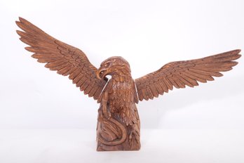 Vintage Large Hand Carved Wooden Eagle Sculpture Holding A Snake