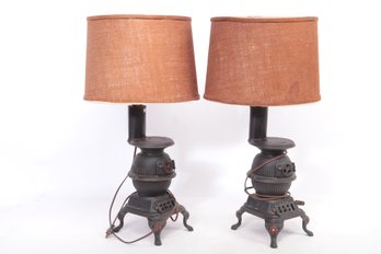Pair Of Antique Cast Iron Pot Belly Stove Lamps