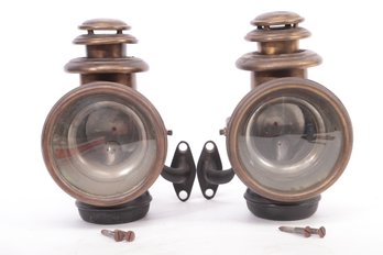 Antique Pair Of Brass Car Or Carriage Kerosene Lanterns