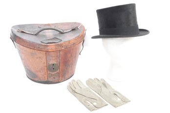 Antique Leather Hat Box With Rowans Top Hat & Pair Of Dress Gloves