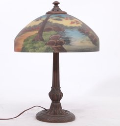 Early 1900's Hand Painted Shade Bronze Base Lamp Believed To Be Jefferson