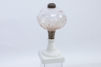 1800's Pressed Glass Kerosene Lamp - White Milk Glass Base, Hearts With Stars Pattern Font