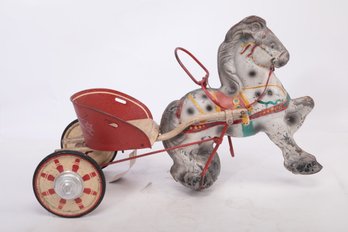 1960s English Sebel Mobo Pressed Steel Toy Horse And Caseat Carriage