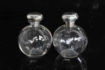 Beautiful Pair Of Antique Glass Perfume/Decanter Bottles W/Sterling Silver Tops