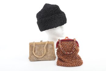 Vintage Persian Lamb Hat & 2 Vintage Hand Bags