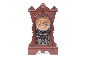 Antique Gilbert 'JUDGE' Gingerbread Clock W/ornate Design On Glass & Pendulum (Has Key)