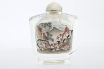 Antique Interior Painted Snuff Bottle With Stopper (Tiger Motif)