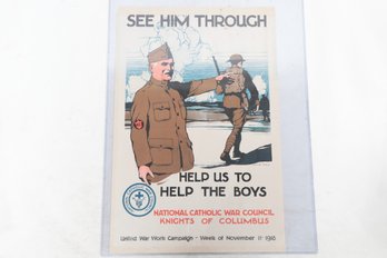 1918 WWI Poster Knights Of Columbus: 'See Him Through