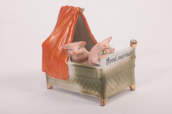 Antique German Pink Faring Pigs. Two Pigs In Cradle