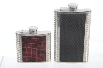 2 English Silver-Plate & Leather Flasks