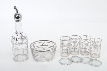 Vintage Mid-Century Modern Silver Overlay Bar Set (Decanter, Glasses, Coaster, Ice Bowl)